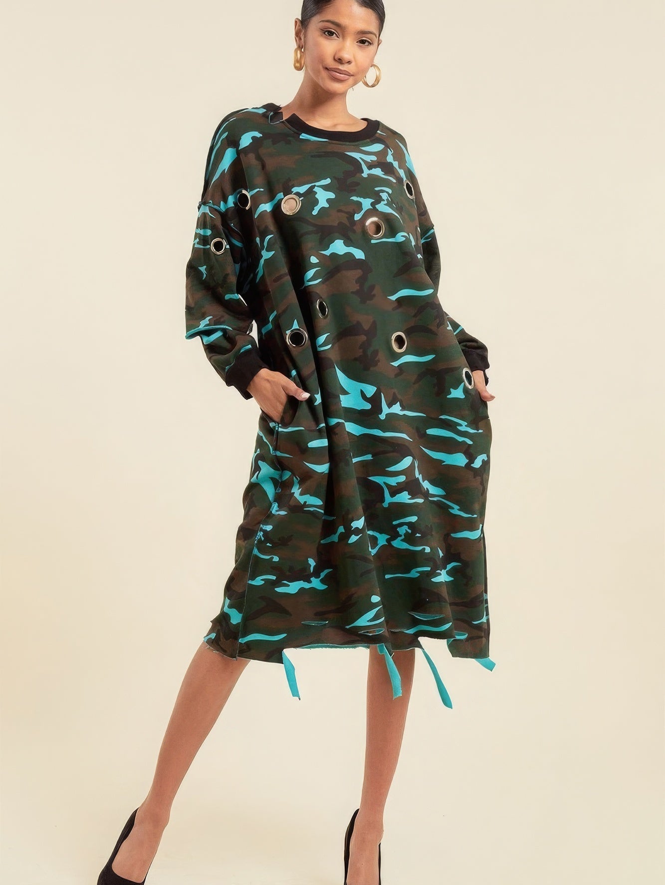 Camouflage Printed Midi Dress With Rings - Stormyjay