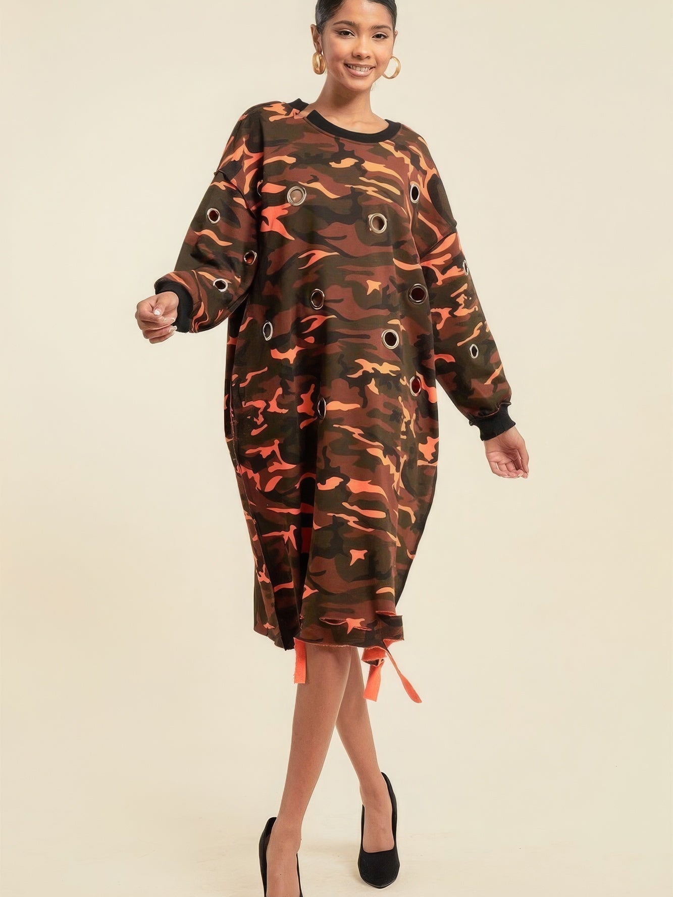 Camouflage Printed Midi Dress With Rings - Stormyjay