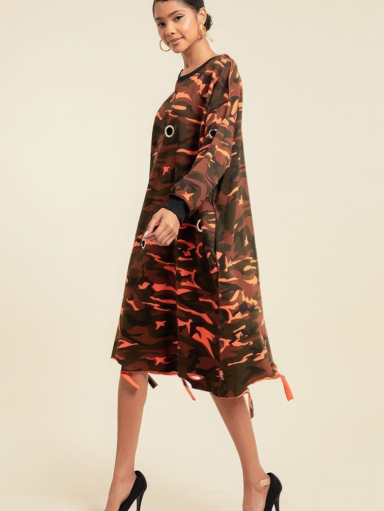 Camouflage Printed Midi Dress With Rings - Stormyjay