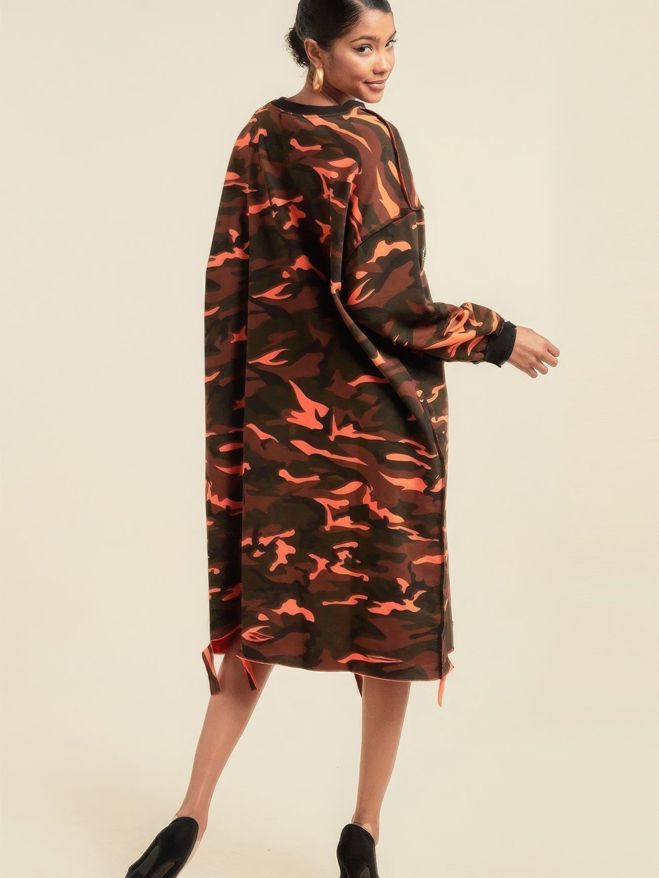 Camouflage Printed Midi Dress With Rings - Stormyjay