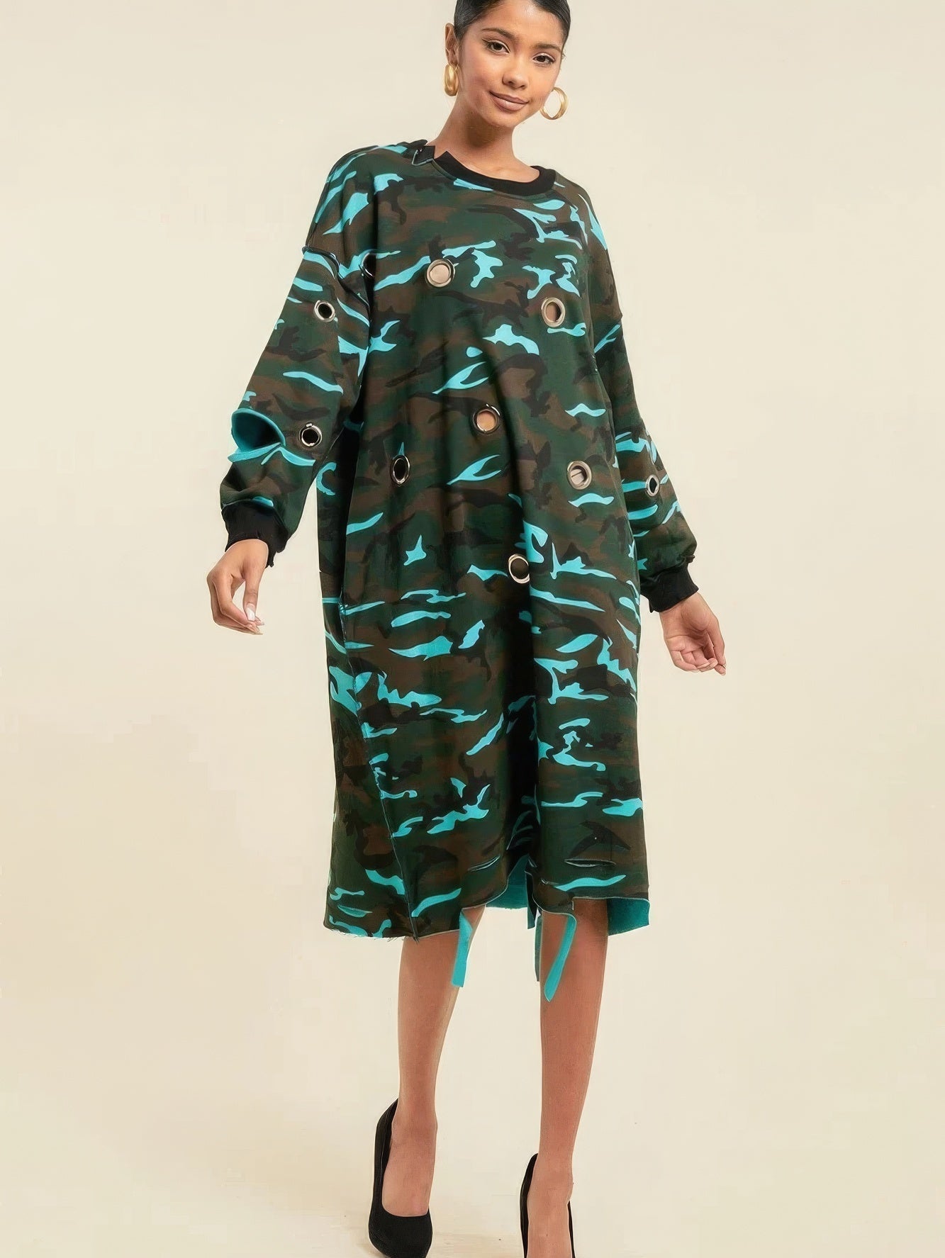 Camouflage Printed Midi Dress With Rings - Stormyjay