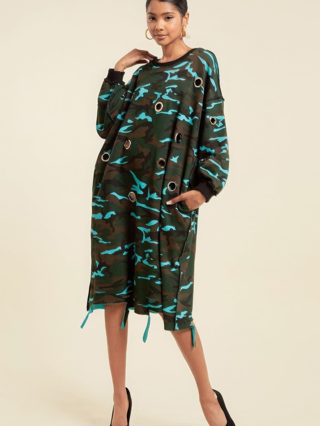 Camouflage Printed Midi Dress With Rings - Stormyjay