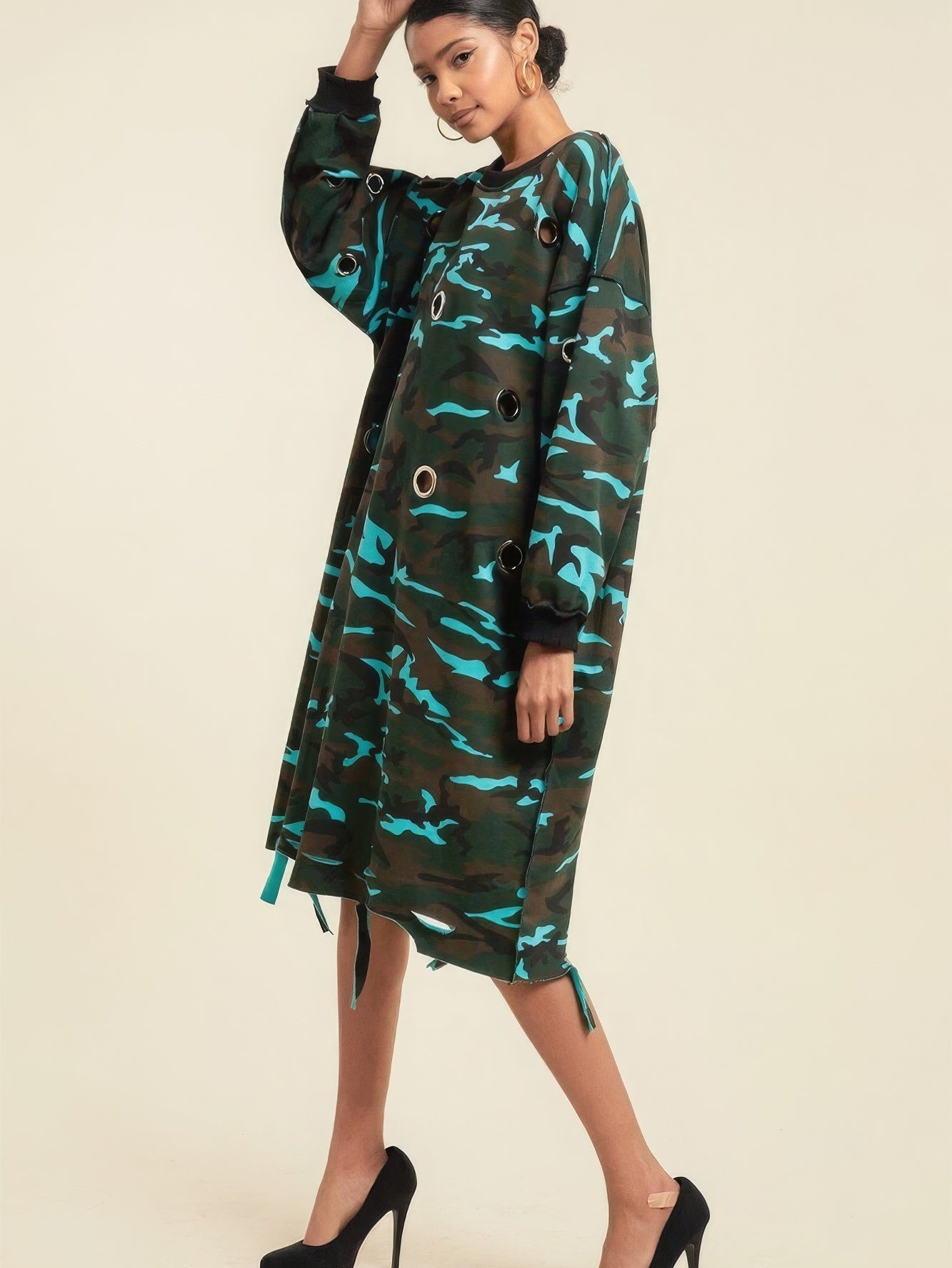 Camouflage Printed Midi Dress With Rings - Stormyjay