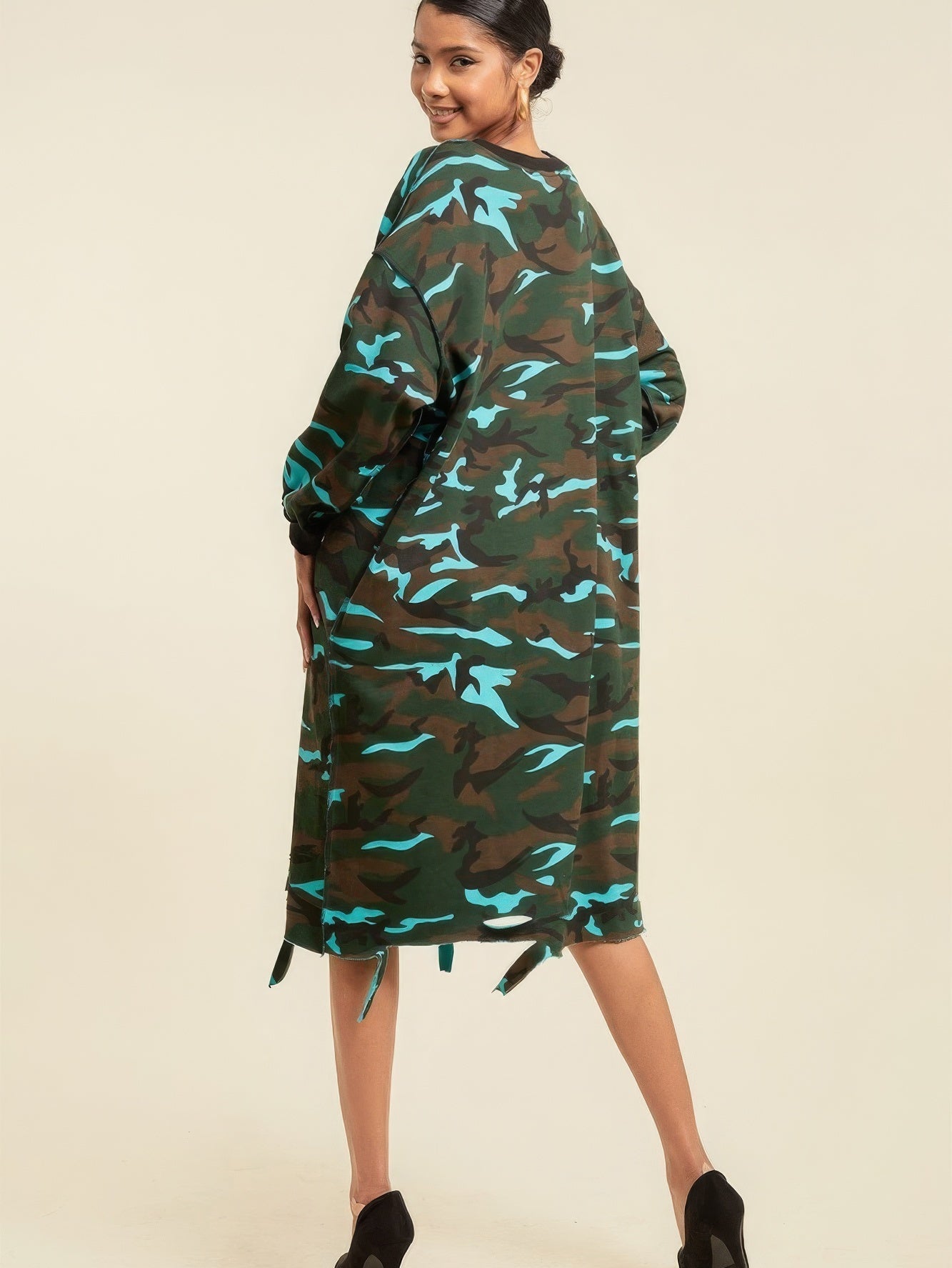 Camouflage Printed Midi Dress With Rings - Stormyjay