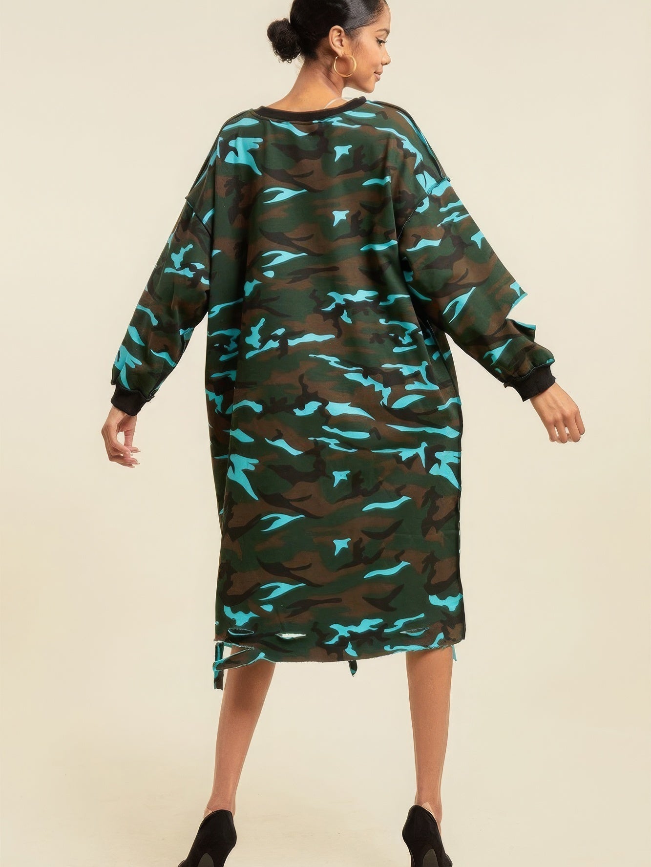 Camouflage Printed Midi Dress With Rings - Stormyjay