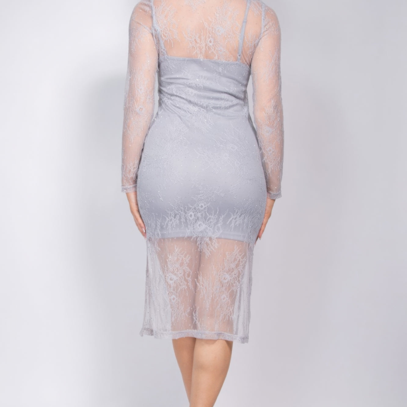 Lace Rhinestone-studded Slit Midi Dress - Stormyjay