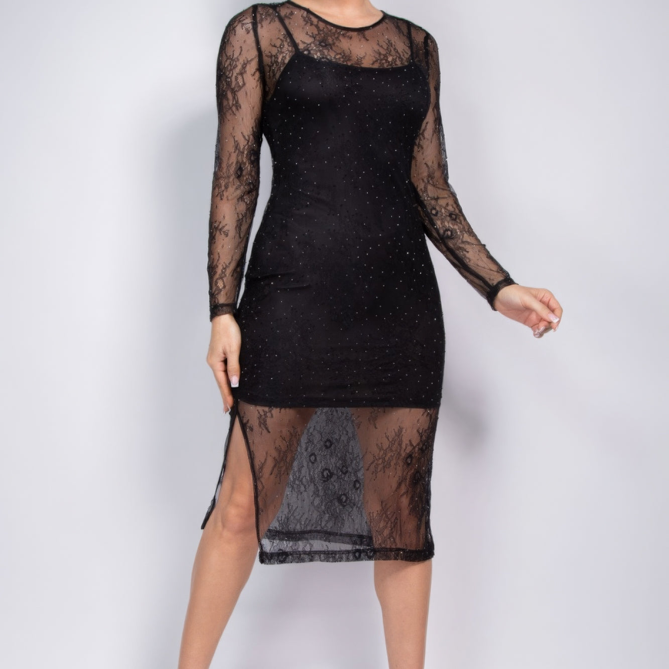 Lace Rhinestone-studded Slit Midi Dress - Stormyjay