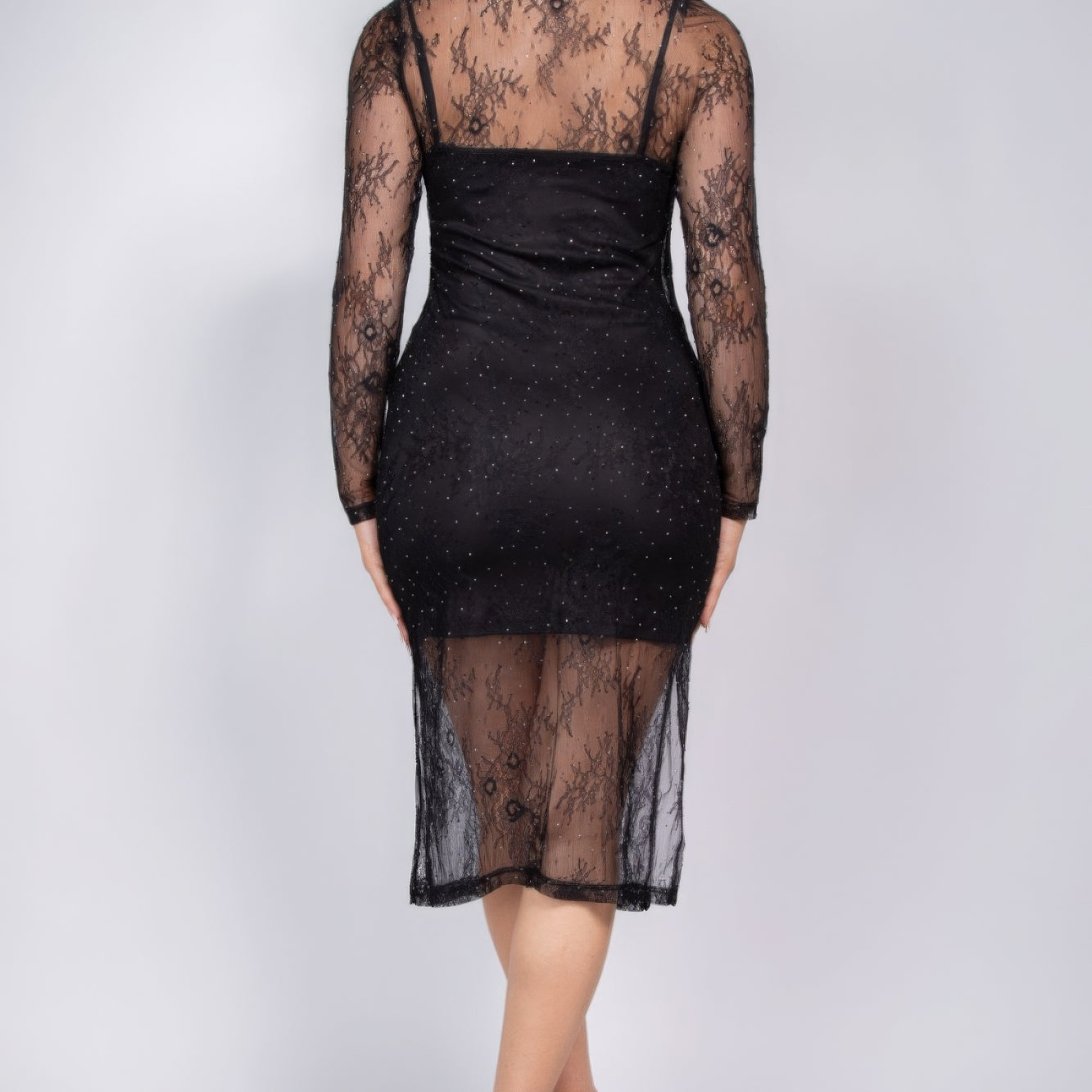 Lace Rhinestone-studded Slit Midi Dress - Stormyjay