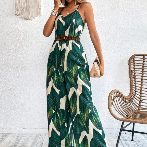 Tropical Print Wide Leg Cami One Piece Spring Jumpsuit Without Belt - Stormyjay