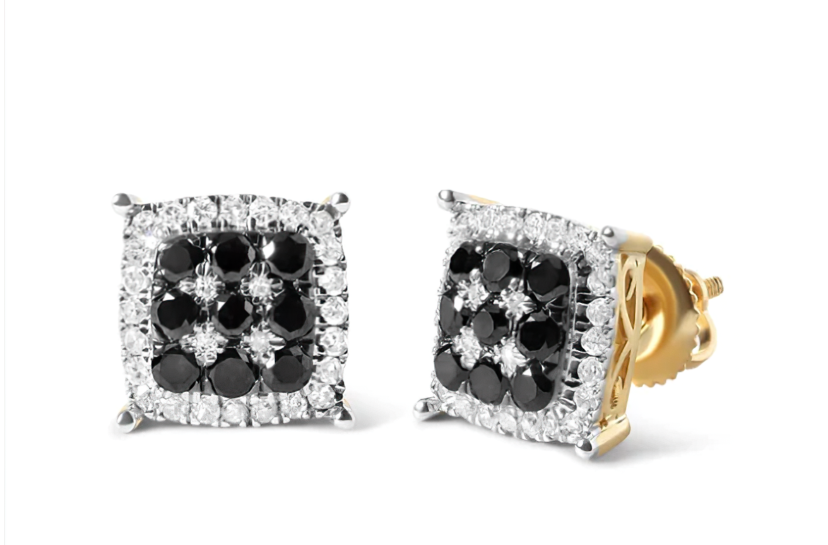 Men's 10K Yellow Gold 7/8 Cttw White and Black Treated Diamond Earring (Black / I-J Color, I2-I3 Clarity) - Stormyjay