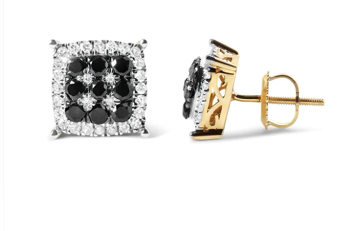 Men's 10K Yellow Gold 7/8 Cttw White and Black Treated Diamond Earring (Black / I-J Color, I2-I3 Clarity) - Stormyjay