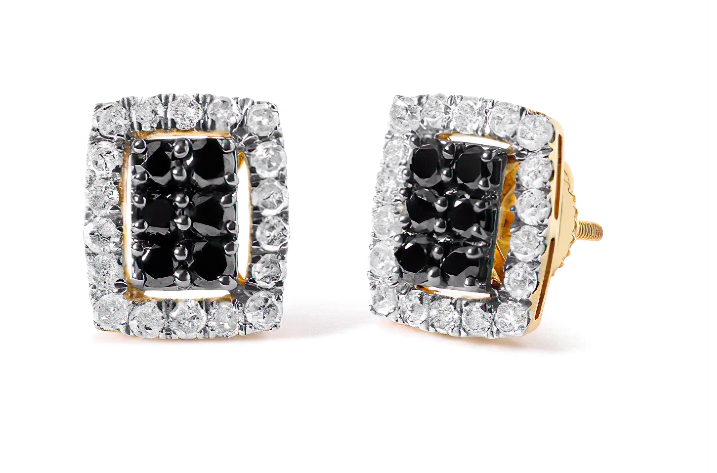Men's 10K Yellow Gold 1.00 Cttw White and Black Diamond Emerald Shape Halo Stud Earring (Black / I-J Color, I2-I3 Clarity) - Stormyjay