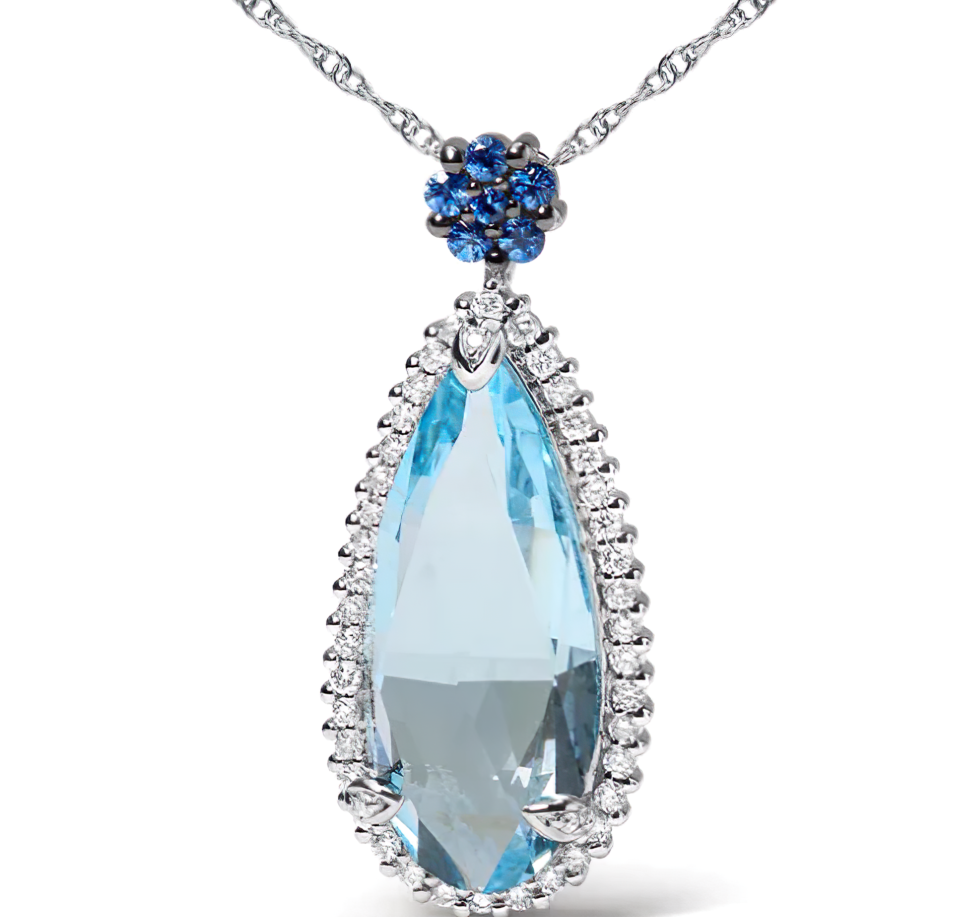 18K White Gold 3/8 Cttw Pave Set Diamond and Sky Blue Topaz and Blue Sapphire Gemstone Floral Teardrop Halo 18" Pendant Necklace (G-H Color, SI2-I1 Clarity) - Stormyjay
