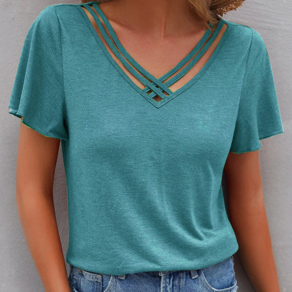 Women's Solid Color Ruffle Sleeve Short Sleeve Top T-Shirt - Stormyjay