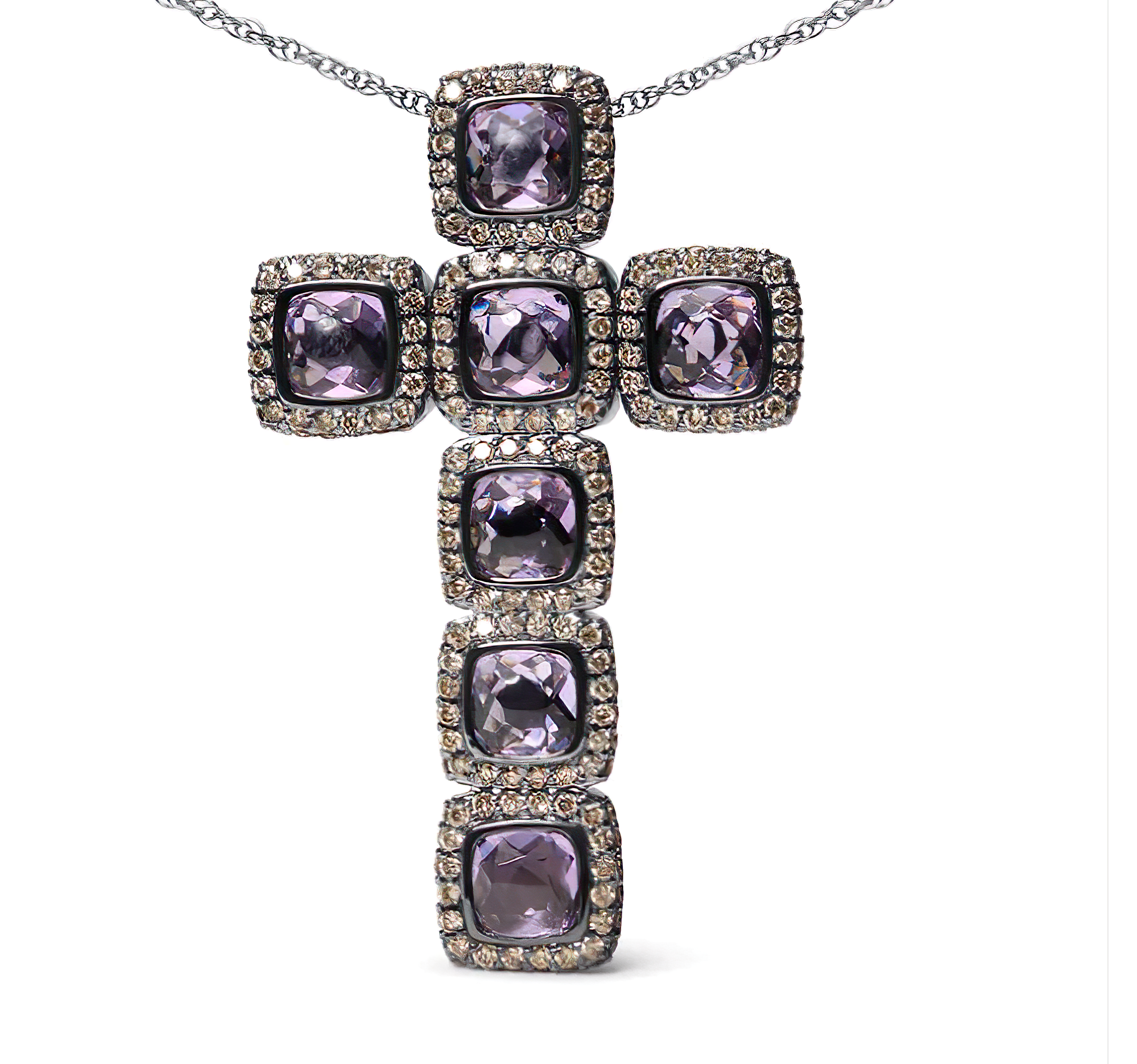 Black Rhodium Plated 18K Rose Gold 1 1/2 Cttw Brown Pave Diamonds and Cushion Cut Rose De France Amethyst Halo Cross 18" Pendant Necklace (Brown Color, SI1-SI2 Clarity) - Stormyjay