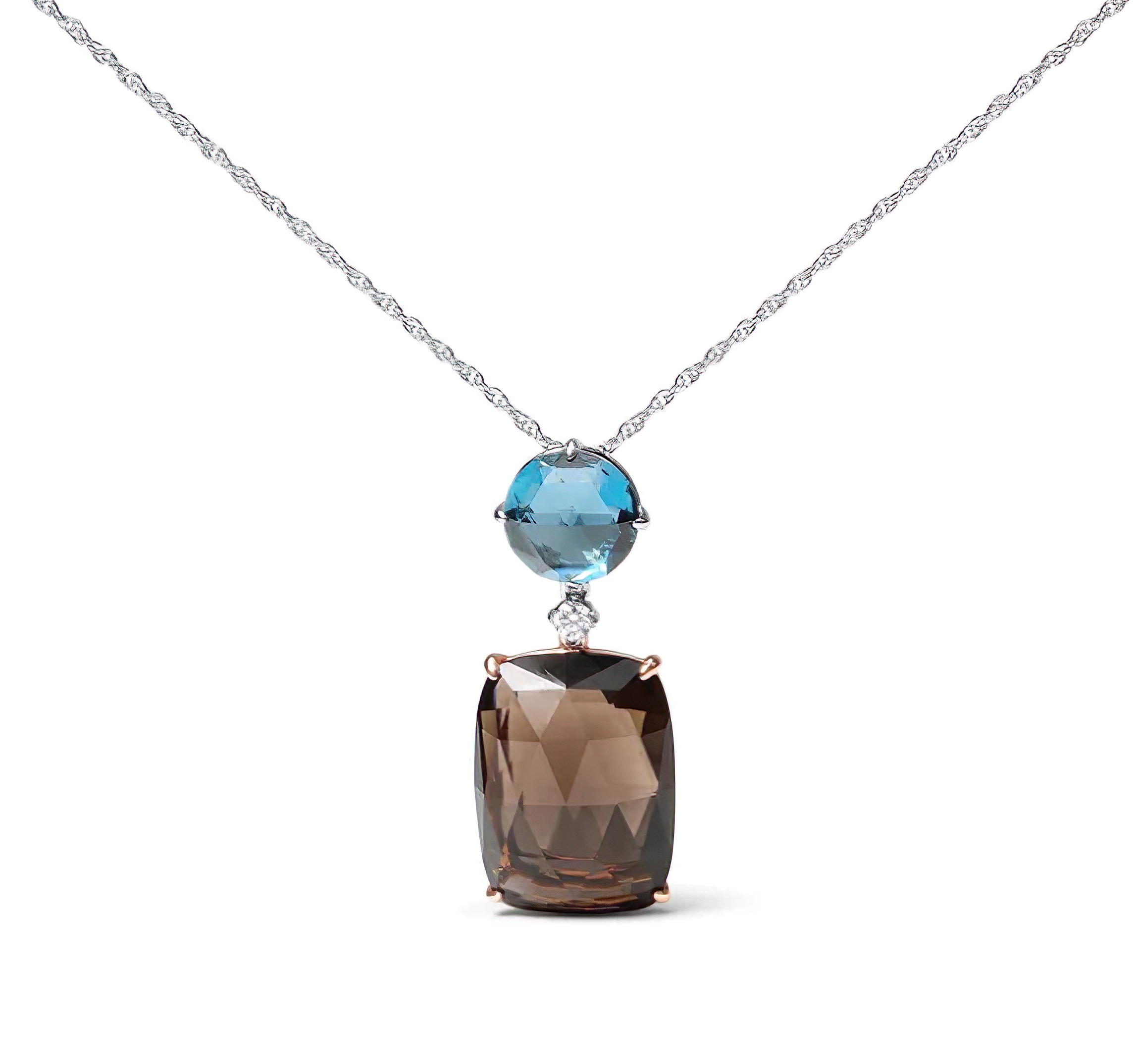 18K Rose and White Gold Diamond Accent and London Blue Topaz and Cushion Cut Smoky Quartz Gemstone Dangle Drop 18" Pendant Necklace (G-H Color, SI1-SI2 Clarity) - Stormyjay