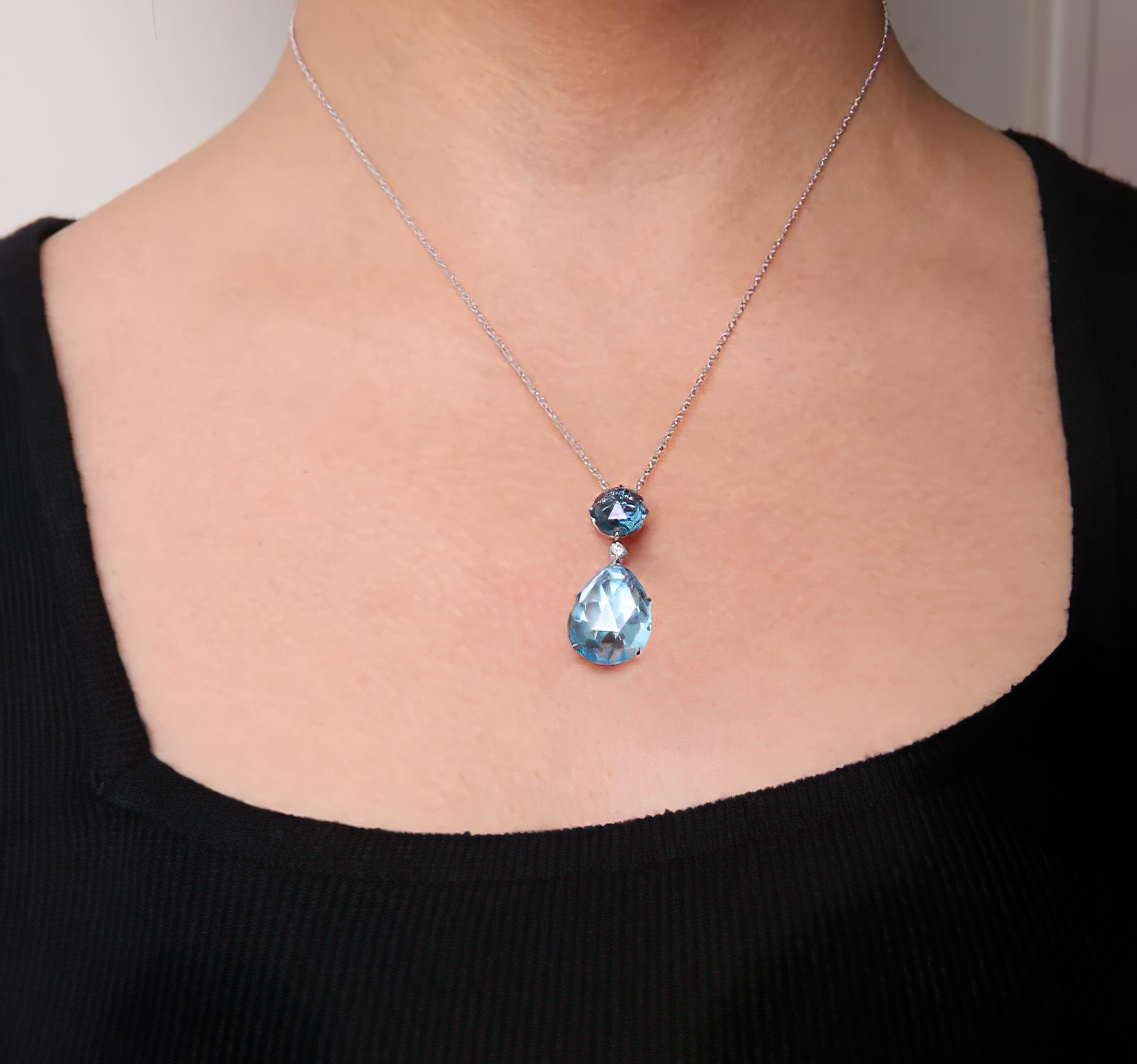 18K White Gold Diamond Accent and Round London Blue Topaz and Pear Cut Sky Blue Topaz Dangle Drop 18" Pendant Necklace (G-H Color, SI1-SI2 Clarity) - Stormyjay