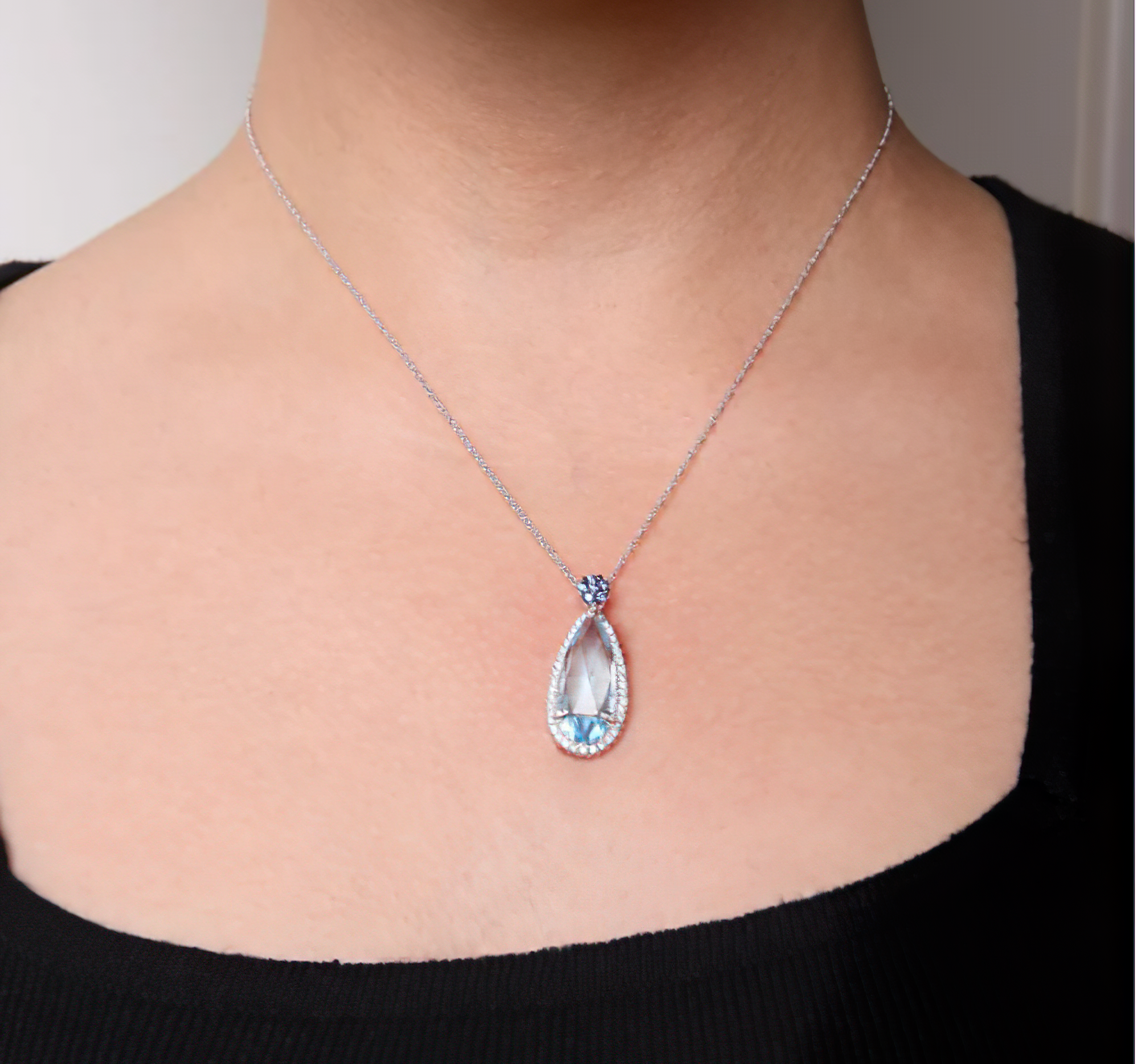 18K White Gold 3/8 Cttw Pave Set Diamond and Sky Blue Topaz and Blue Sapphire Gemstone Floral Teardrop Halo 18" Pendant Necklace (G-H Color, SI2-I1 Clarity) - Stormyjay