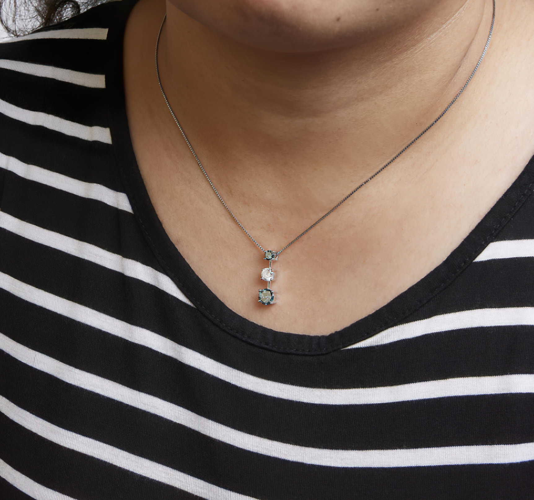 14K White Gold 1 1/2 Cttw Treated Blue and White Diamond 3-Stone 18" Pendant Necklace (Blue/H-I Color, I1-I2 Clarity) - Stormyjay