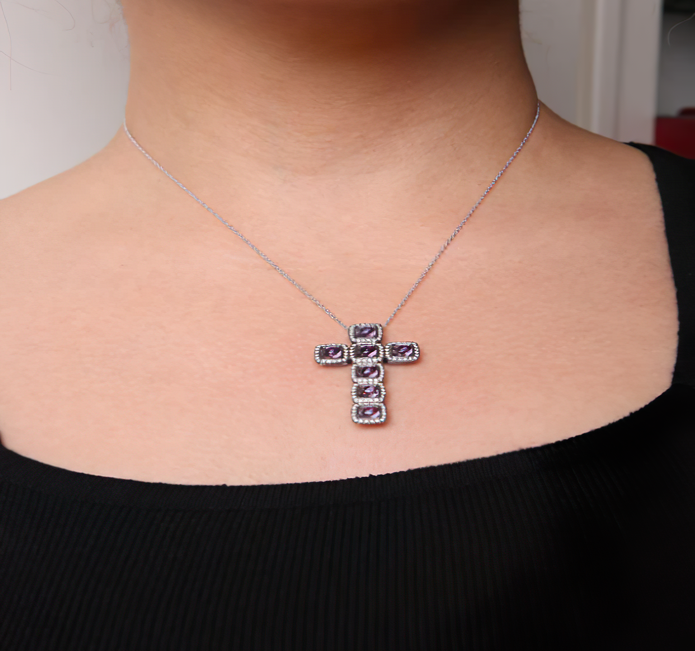 Black Rhodium Plated 18K Rose Gold 1 1/2 Cttw Brown Pave Diamonds and Cushion Cut Rose De France Amethyst Halo Cross 18" Pendant Necklace (Brown Color, SI1-SI2 Clarity) - Stormyjay