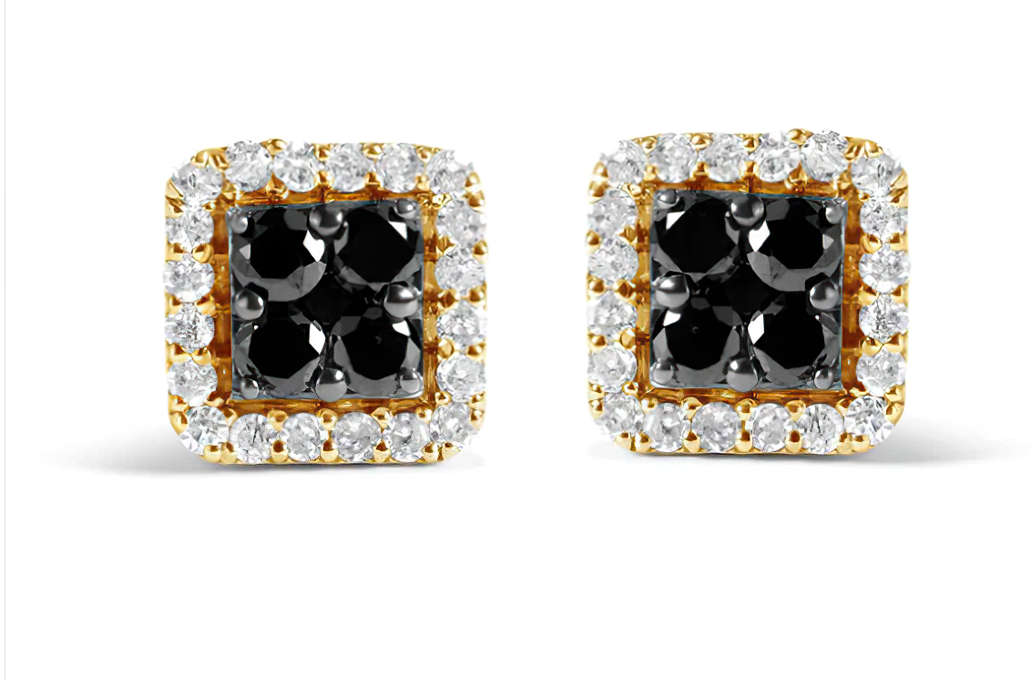 Men's 10K Yellow Gold 5/8 Cttw White and Black Treated Diamond Composite with Halo Stud Earring (Black / I-J, I2-I3 Clarity) - Stormyjay