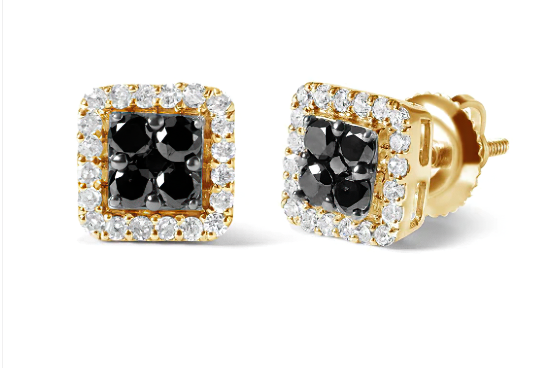 Men's 10K Yellow Gold 5/8 Cttw White and Black Treated Diamond Composite with Halo Stud Earring (Black / I-J, I2-I3 Clarity) - Stormyjay