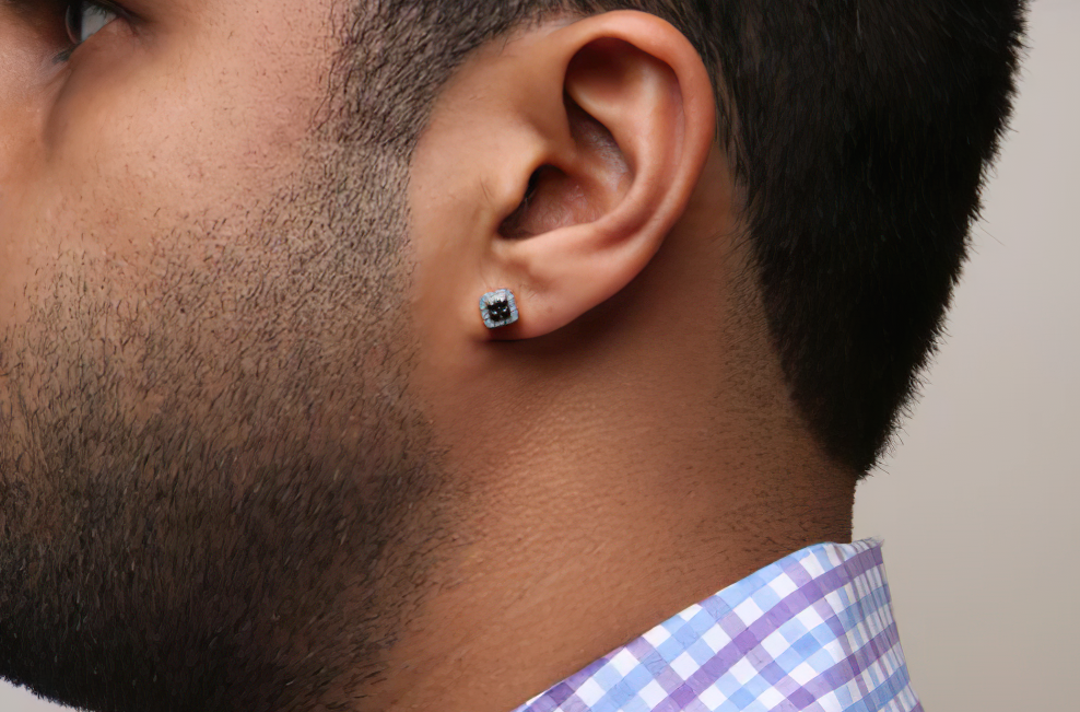 Men's 10K Yellow Gold 5/8 Cttw White and Black Treated Diamond Composite with Halo Stud Earring (Black / I-J, I2-I3 Clarity) - Stormyjay