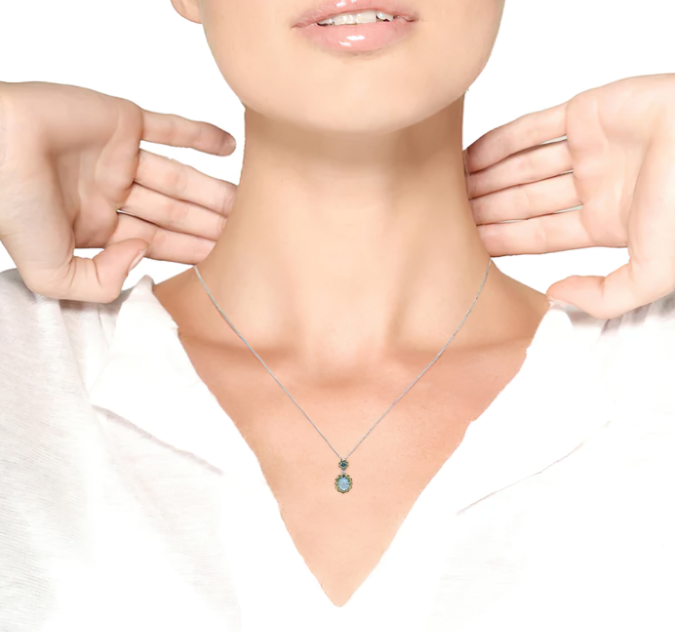 18k White Gold 0.05 Cttw Round Diamond and Blue Topaz and Green Peridot Gemstone Halo Drop 18" Pendant Necklace (F-G Color, VS1-VS2 Clarity) - Stormyjay