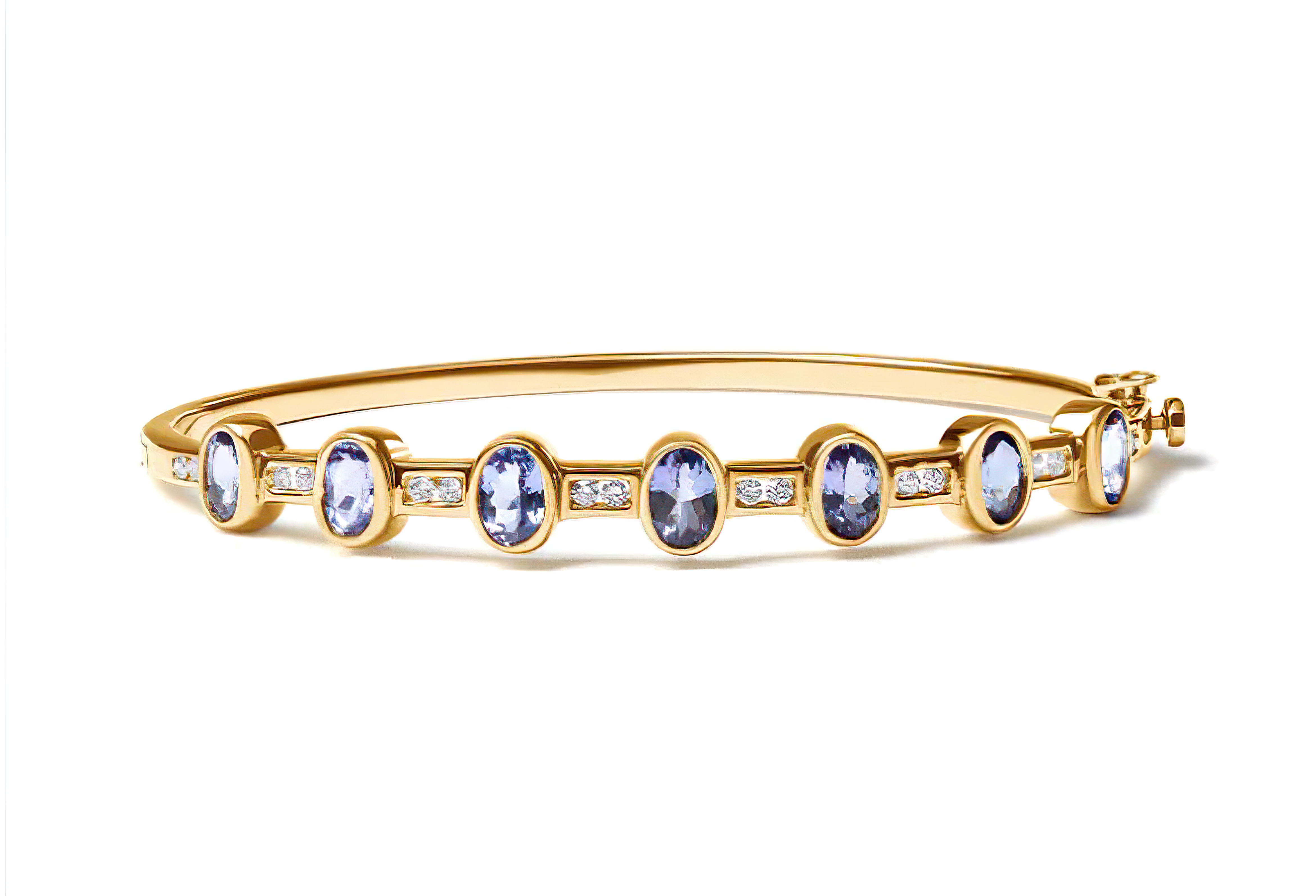 14K Yellow Gold 1/3 Cttw Round-Cut Diamond and 5MM Oval-Cut Blue Tanzanite Gemstone Bangle Bracelet (H-I Color, I1-I2 Clarity) - Size 7 Inches - Stormyjay