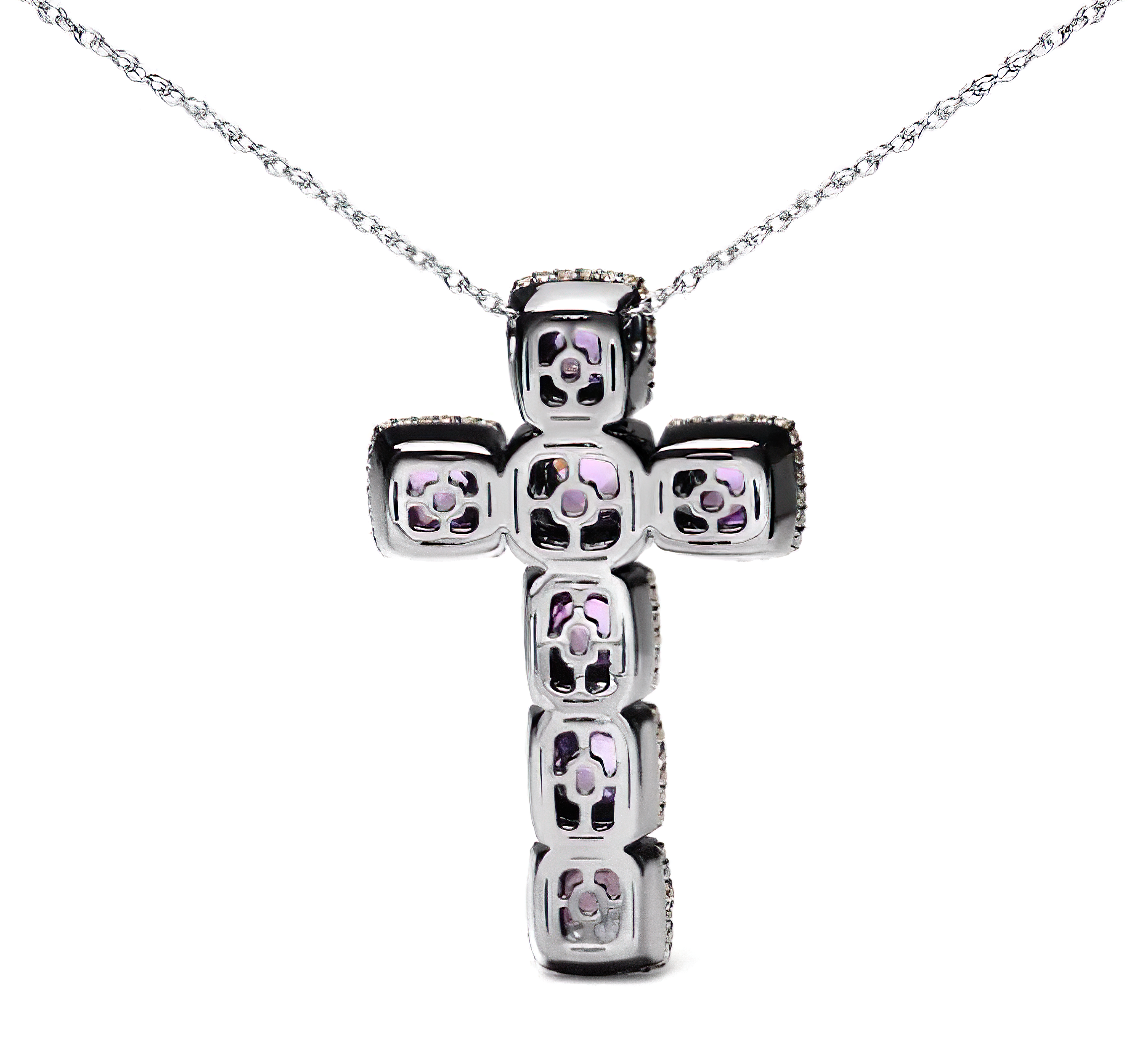 Black Rhodium Plated 18K Rose Gold 1 1/2 Cttw Brown Pave Diamonds and Cushion Cut Rose De France Amethyst Halo Cross 18" Pendant Necklace (Brown Color, SI1-SI2 Clarity) - Stormyjay