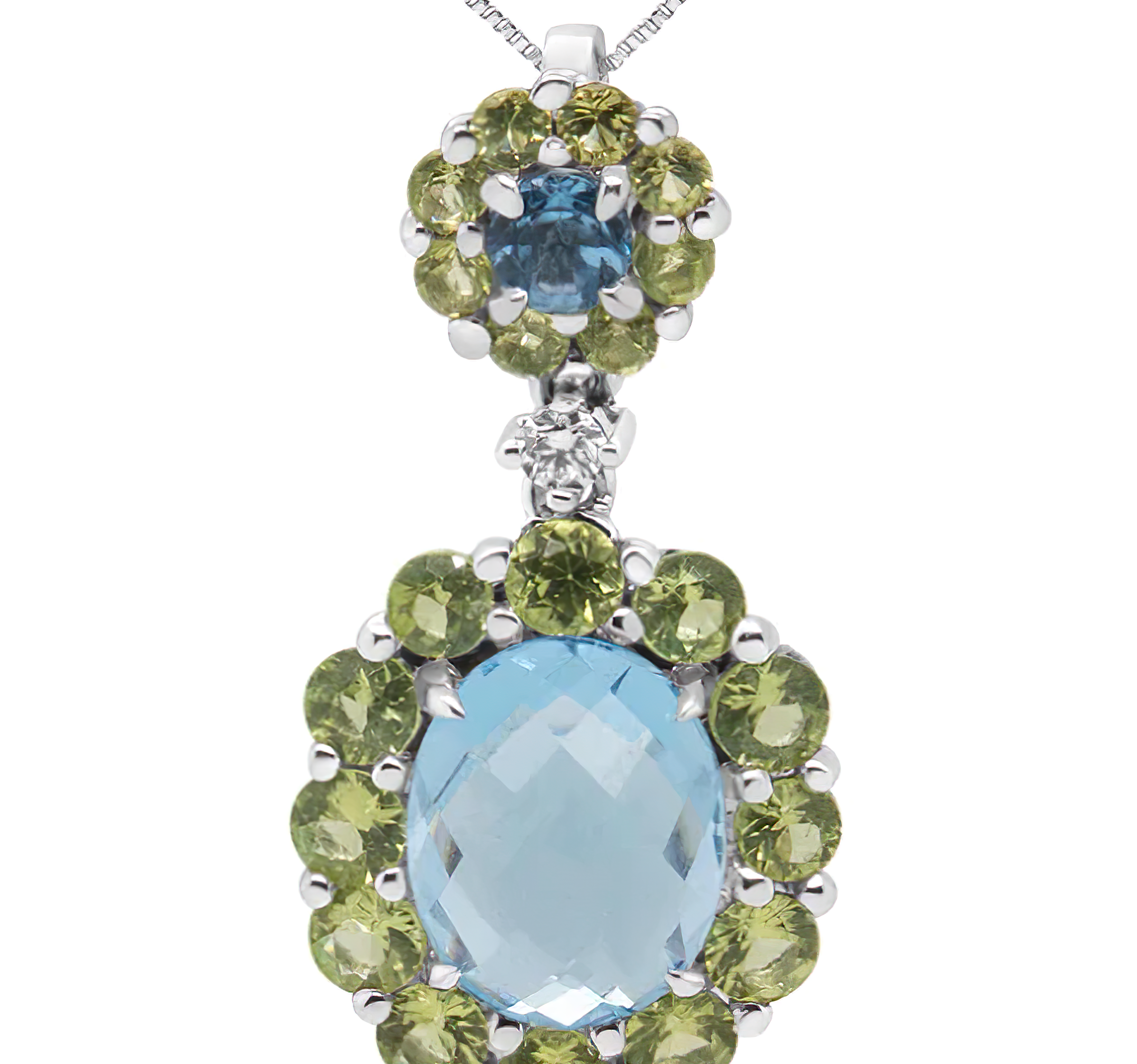 18k White Gold 0.05 Cttw Round Diamond and Blue Topaz and Green Peridot Gemstone Halo Drop 18" Pendant Necklace (F-G Color, VS1-VS2 Clarity) - Stormyjay