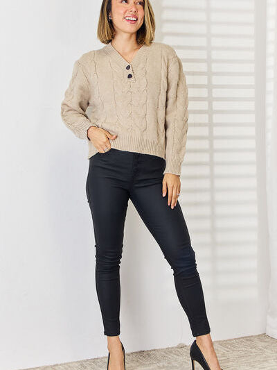 Cable-Knit V-Neck Dropped Shoulder Sweater - Stormyjay