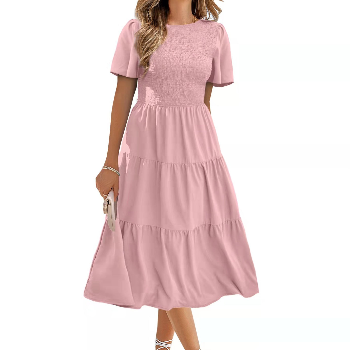 Women's Round Neck Smocked Short Sleeve Casual Dress Swing Flowy Ruffle Hem Mini Beach Summer Dresses - Stormyjay