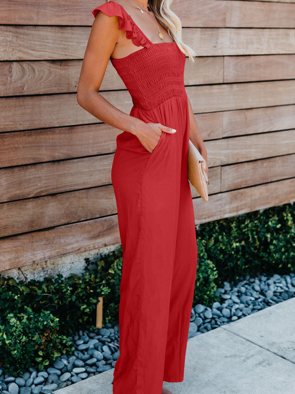 Apricot Smocked Ruffle Strap Pocket Wide Leg Jumpsuit - Stormyjay