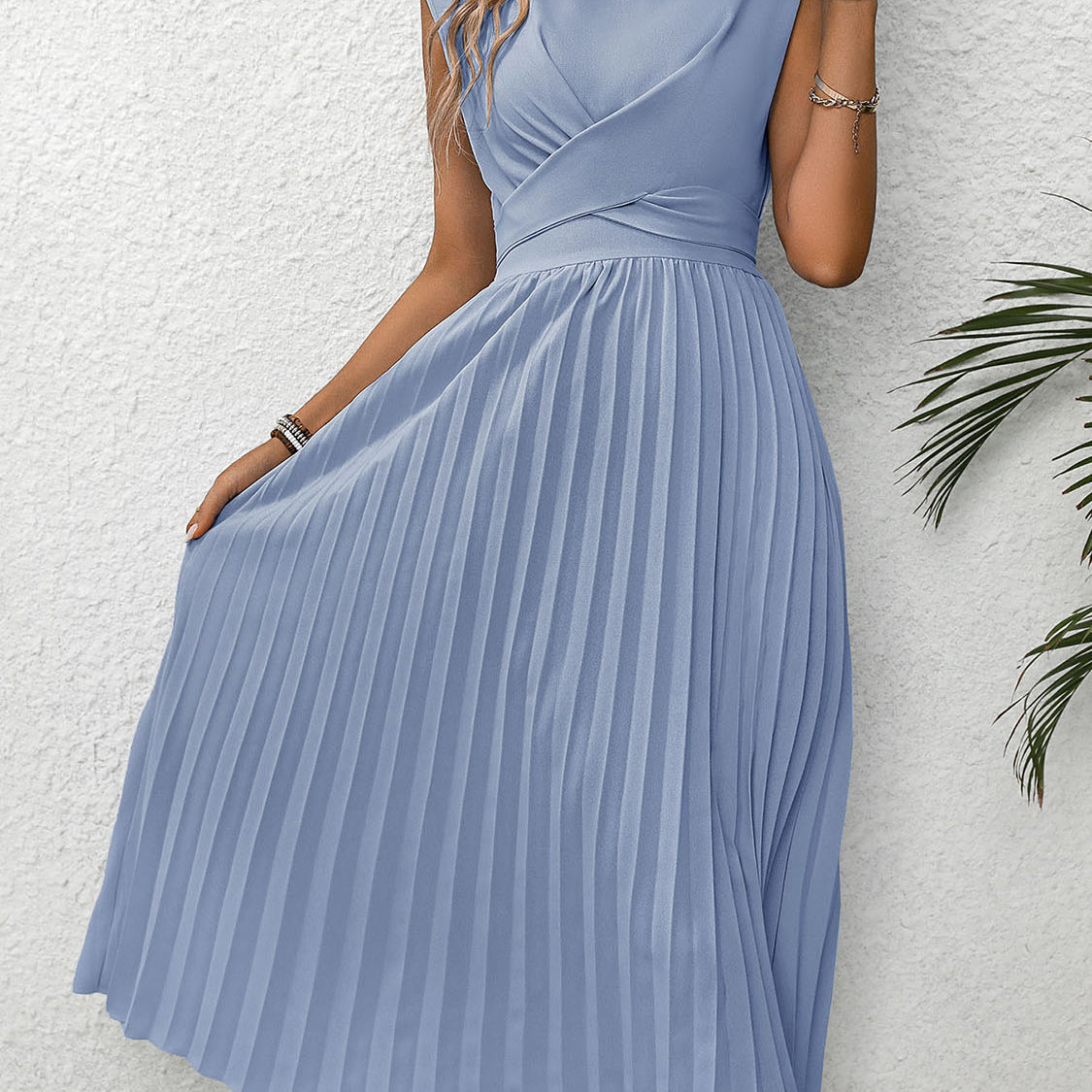 Pleated Round Neck Cap Sleeve Dress - Stormyjay