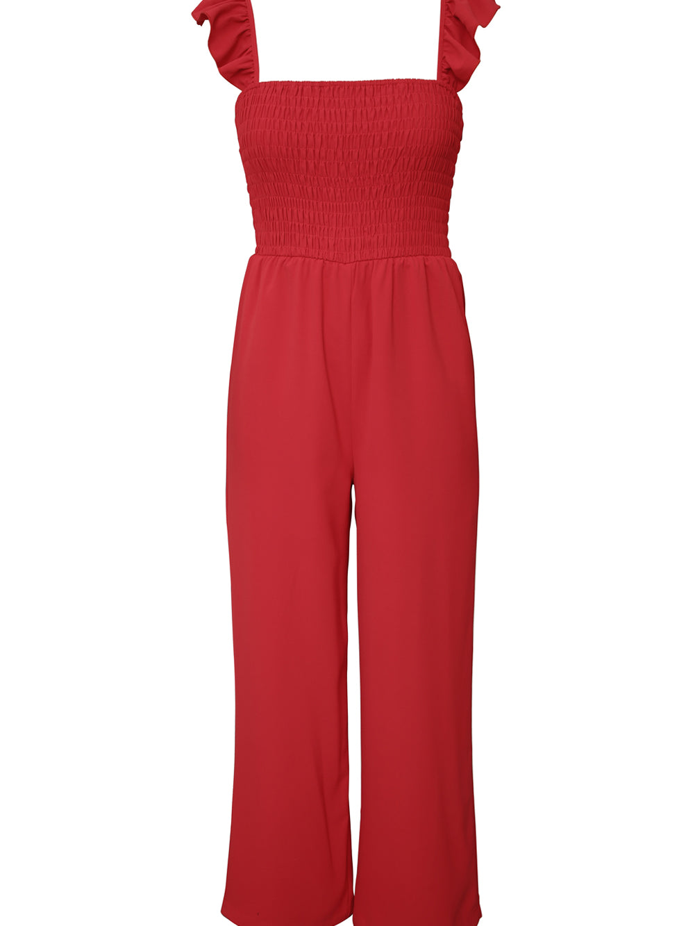Apricot Smocked Ruffle Strap Pocket Wide Leg Jumpsuit - Stormyjay