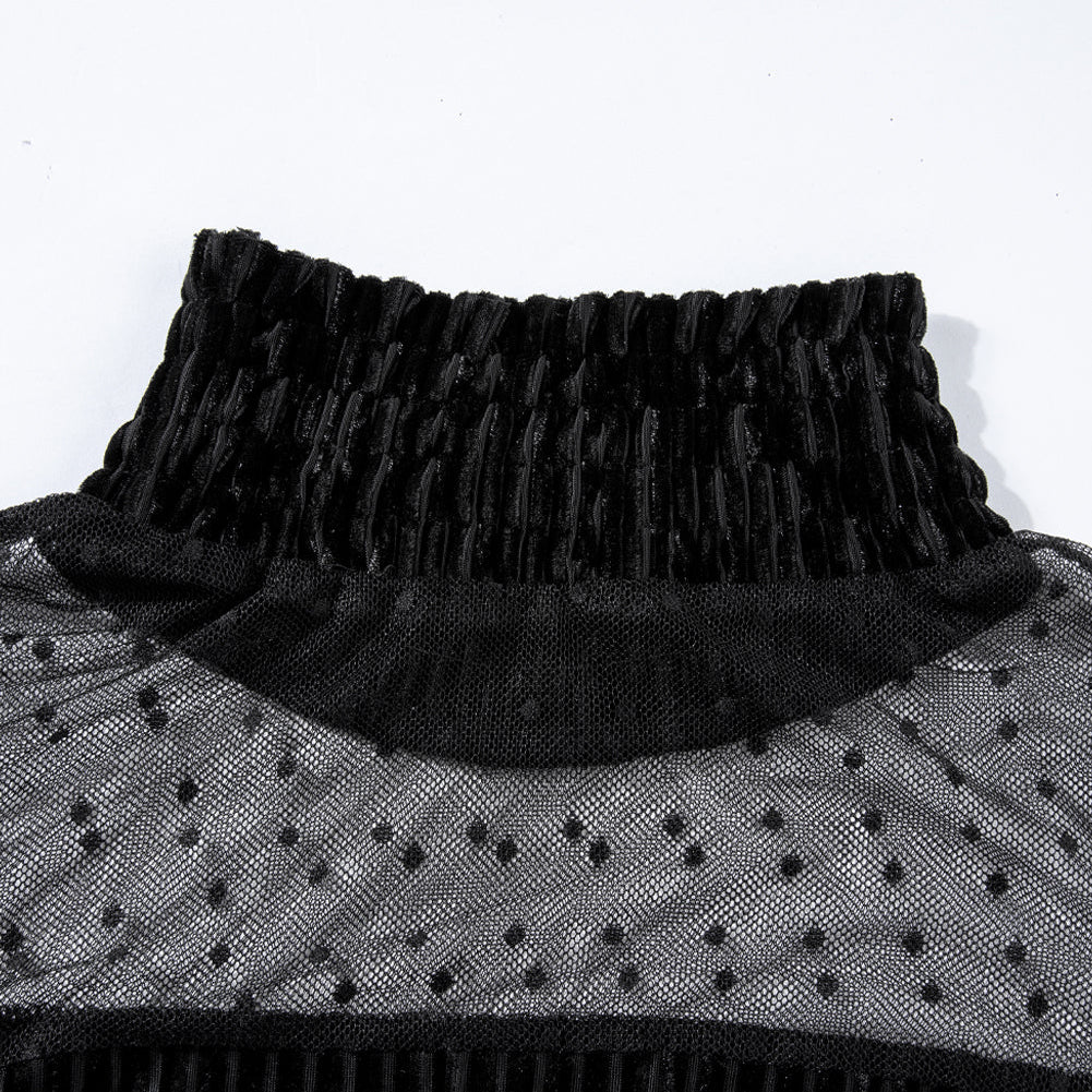 Black Dotted Mesh Striped Frilled Neck Bubble Sleeve Dress - Stormyjay