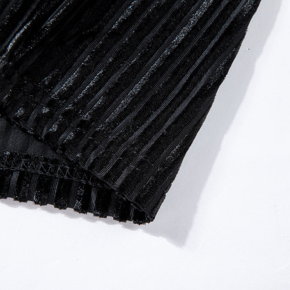 Black Dotted Mesh Striped Frilled Neck Bubble Sleeve Dress - Stormyjay