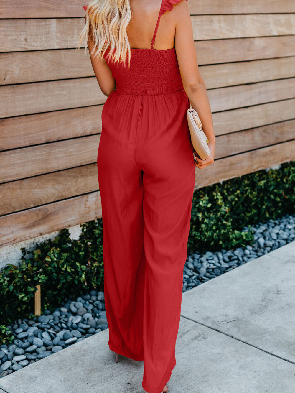 Apricot Smocked Ruffle Strap Pocket Wide Leg Jumpsuit - Stormyjay