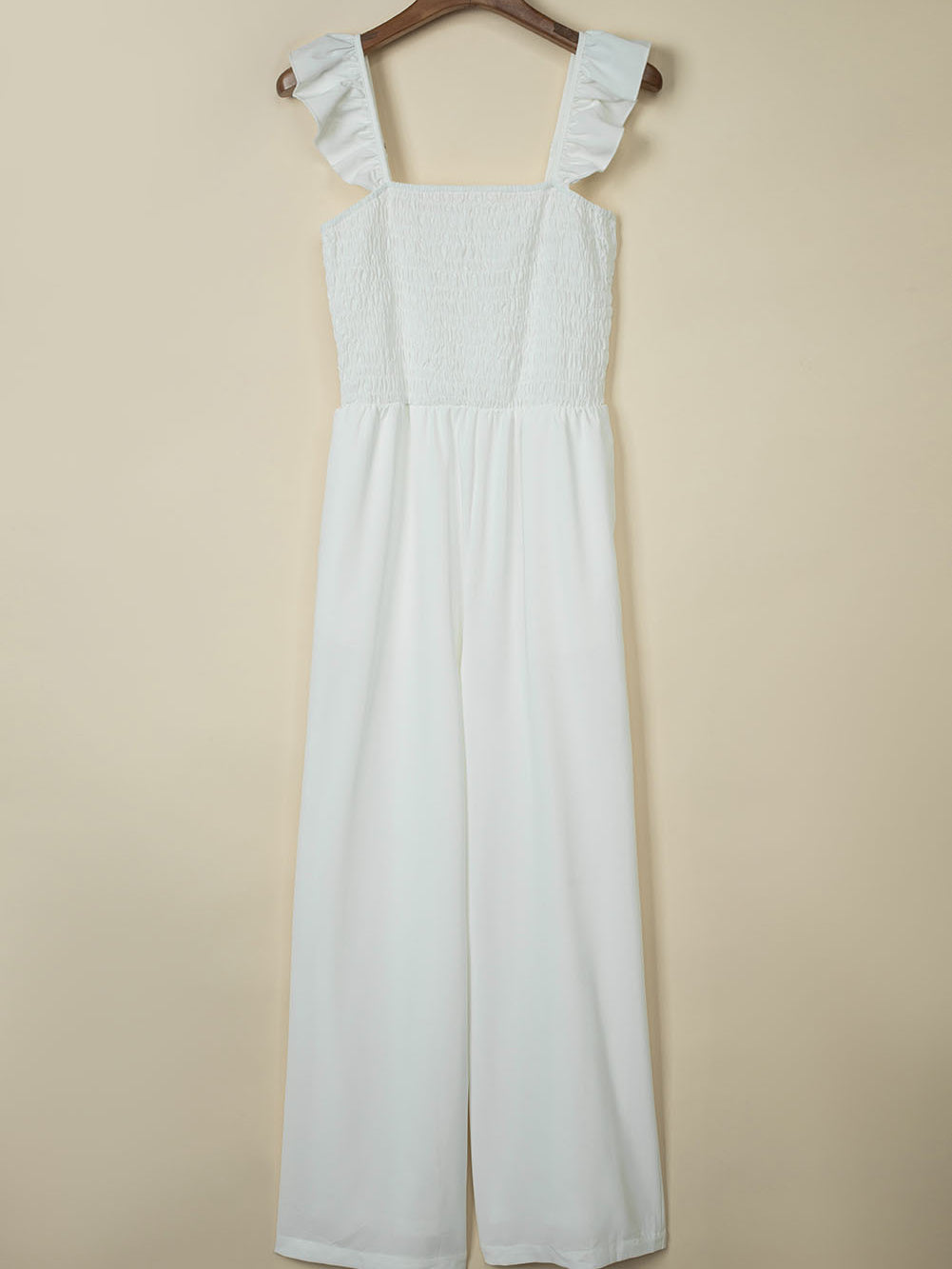Apricot Smocked Ruffle Strap Pocket Wide Leg Jumpsuit - Stormyjay
