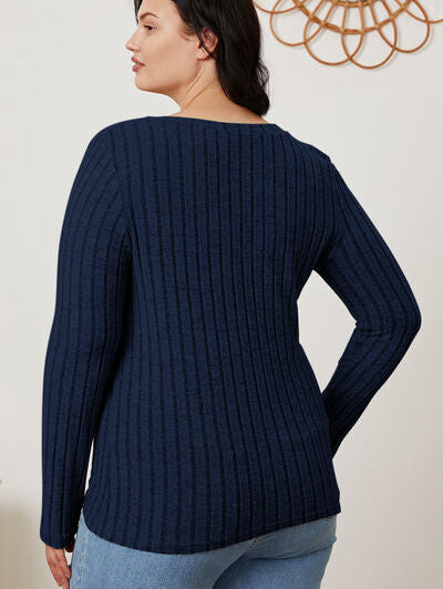 Basic Bae Full Size Ribbed V-Neck Long Sleeve T-Shirt - Stormyjay
