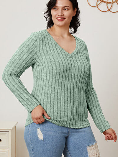 Basic Bae Full Size Ribbed V-Neck Long Sleeve T-Shirt - Stormyjay