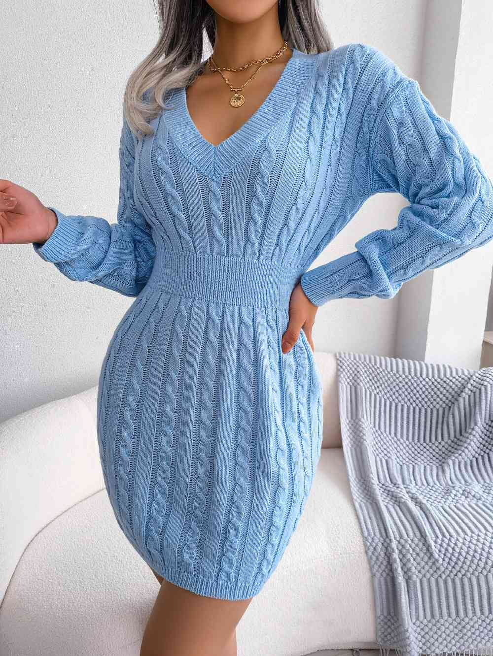 Cable-Knit V-Neck Mini Sweater Dress - Stormyjay