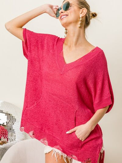 BiBi Distressed Hem V-Neck Slit Sweater - Stormyjay