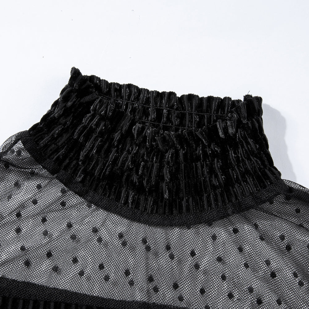 Black Dotted Mesh Striped Frilled Neck Bubble Sleeve Dress - Stormyjay