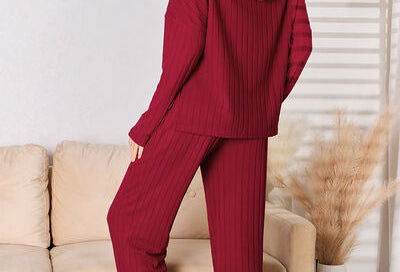 Basic Bae Full Size Ribbed Drawstring Hood Top and Straight Pants Set