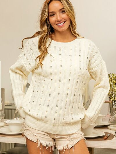 BiBi Pearl & Rhinestone Decor Long Sleeve Sweater - Stormyjay