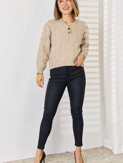 Cable-Knit V-Neck Dropped Shoulder Sweater - Stormyjay