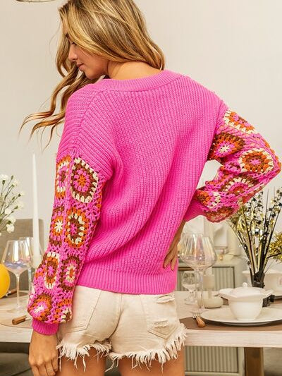 BiBi V-Neck Crochet Long Sleeve Sweater - Stormyjay