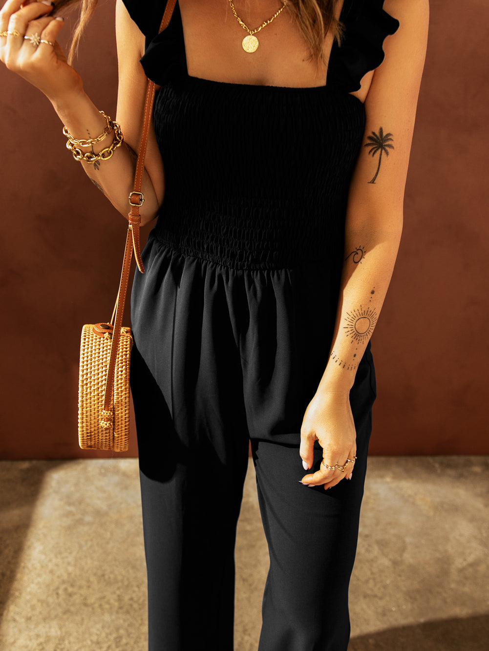 Apricot Smocked Ruffle Strap Pocket Wide Leg Jumpsuit - Stormyjay